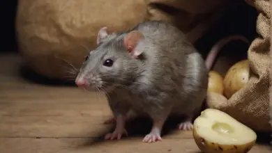 Šedá myš stojí vedle brambor uvnitř sklepa.