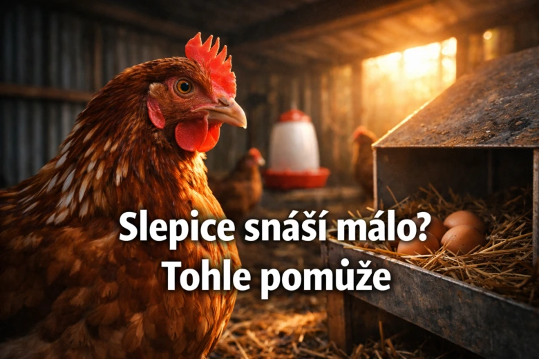 Hnědá slepice stojí vedle hnízda s vejci v chlévě.