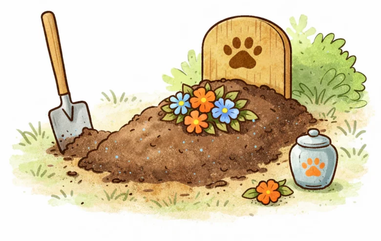 Ilustrace pohřbu domácího mazlíčka s lopatkou a urnou pro popelnici.