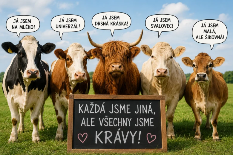 Pět krav různých plemen stojících vedle informační tabule.