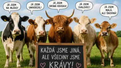 Pět různých plemen krav stojí vedle sebe na trávníku s cedulí o jejich jedinečnosti.