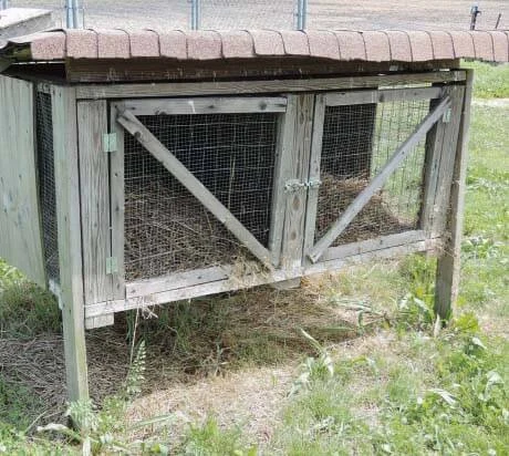 Hotový dřevěný králíkárna s drátovou mříží a senem uvnitř.