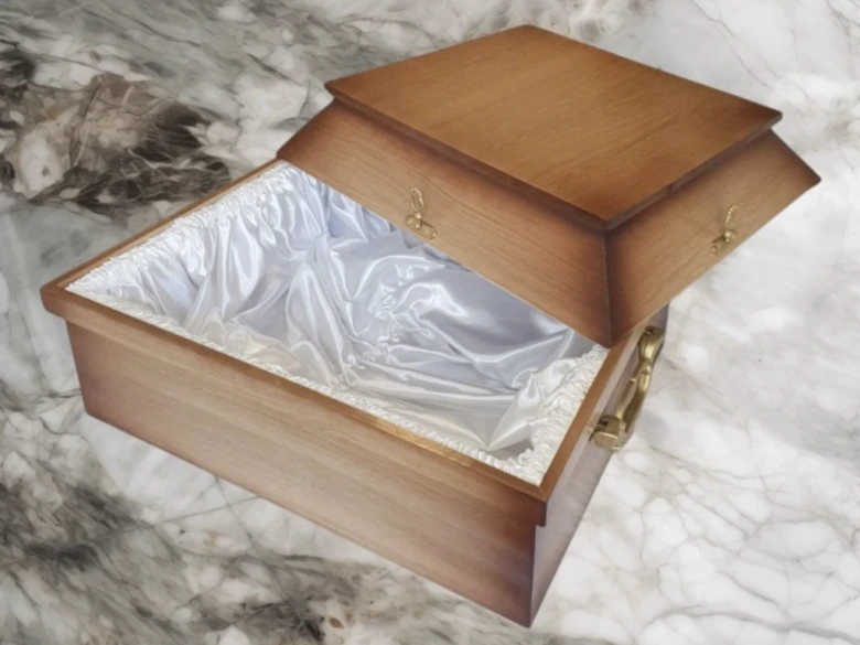 Wooden pet casket with satin lining