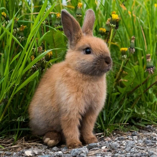 Hnedý králík sedí mezi trávou a květy.