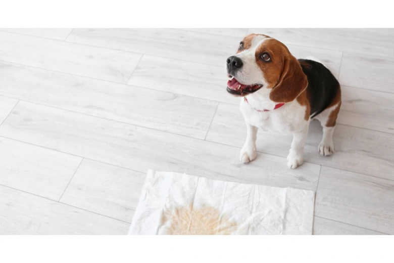 Beagle dog with pee pad