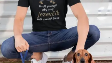 Muž sedící s jezevčíkem na vodítku venku.