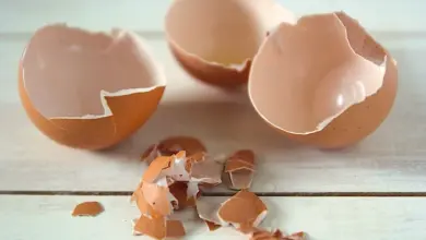 Rozbité skořápky vajec na světlém dřevěném povrchu.