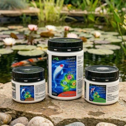 Tři produkty na čištění vody v akváriu s rybami ve vodě.