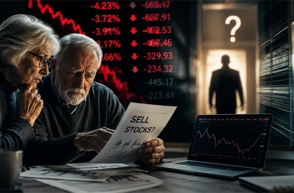 Starší pár sleduje klesající akcie na obrazovce s papírem Sell Stocks.