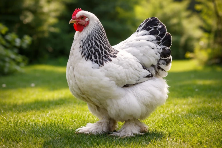 Bílé slepice plemene lakenfelder s černým hrdlem na trávníku.