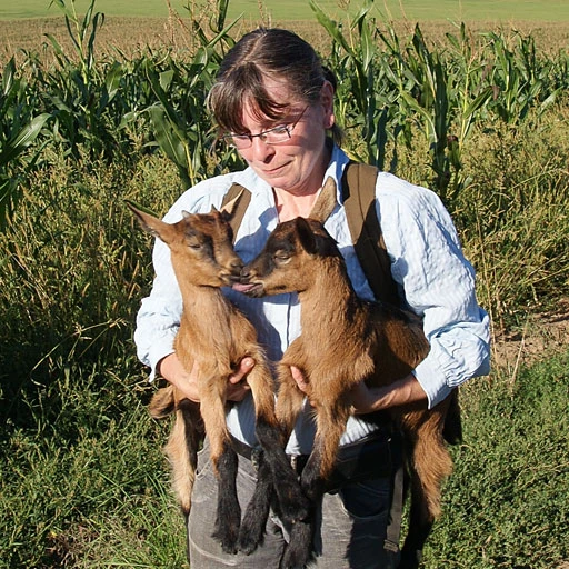 Žena drží dvě mladá kozata v poli s kukuřicí.