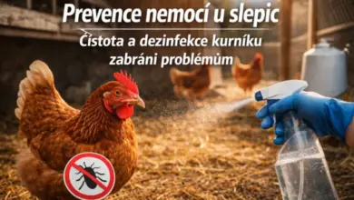 Člověk dezinfikuje kurník sprejem pro zdraví slepic.