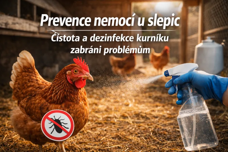 Člověk dezinfikuje kurník sprejem pro zdraví slepic.