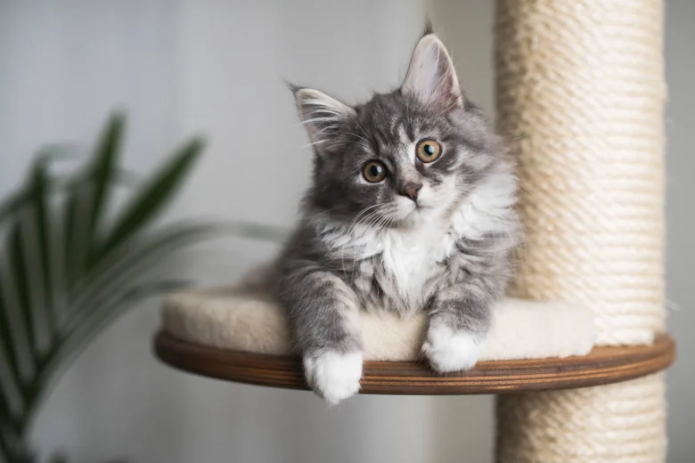 Malý maine coon štěně sedí na koňském stromu v interiéru.