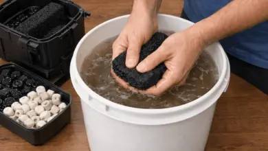 Člověk umývá černý filtr v kbelíku s vodou pro akvárium.